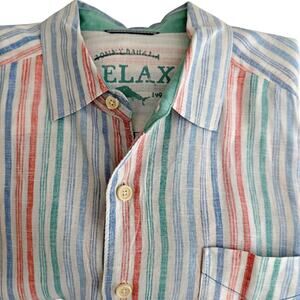 Tommy Bahama Relax 100% Linen Blue Orange Striped L/S Button Down Shirt